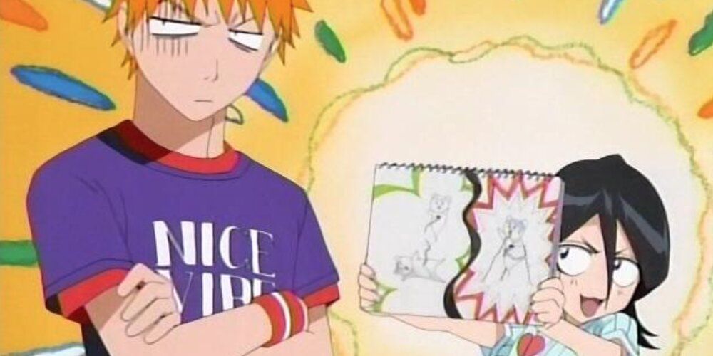 Rukia showing Ichigo a drawing, who looks unimpressed with his arms folded 