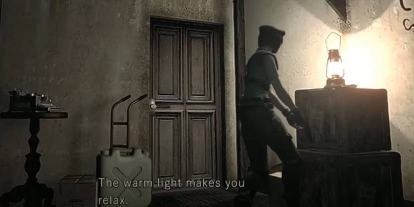 Jill standing next to a lantern with a door in the background