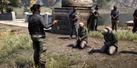 Sabal standing over prisoners with bags on their heads in Far Cry 4