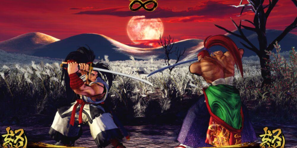 Haohmaru and Genjuro aiming swords at one another in a field with a red sky 