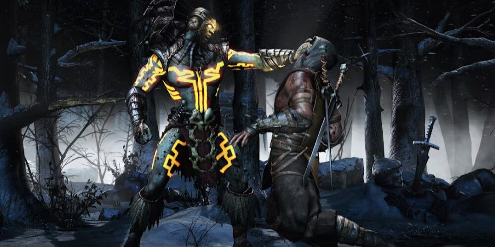 Kotal Kahn holding Scorpion by the neck in a forest 