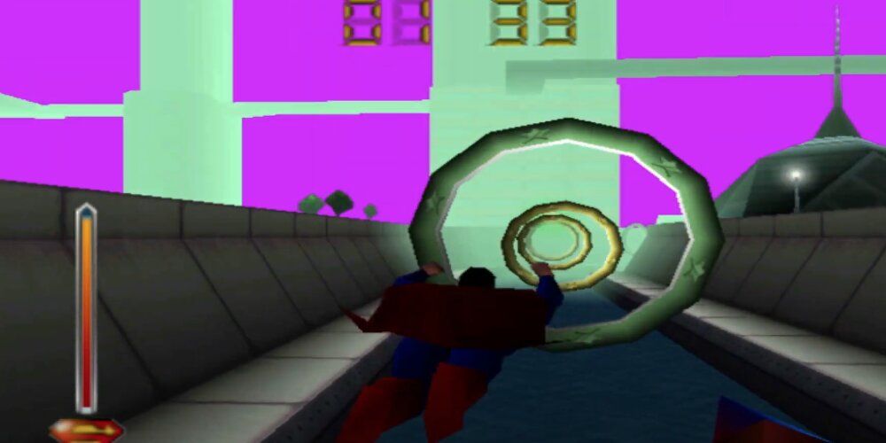 Superman flying through hoops in Metropolis in Superman 64