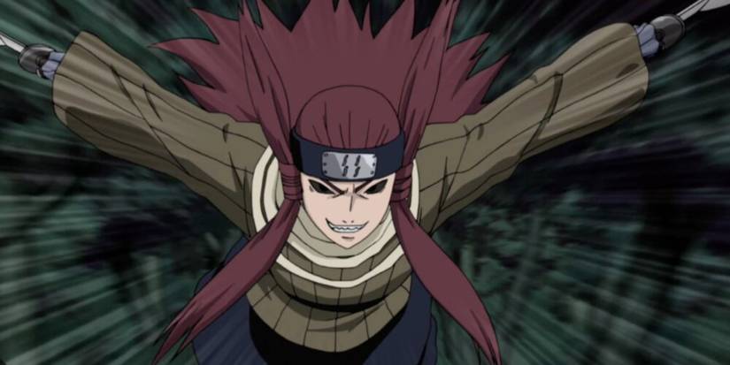 Ameyuri soaring through the trees with a saidstic smile on her face 