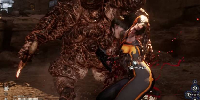 Eve stabbing a large monster from behind 