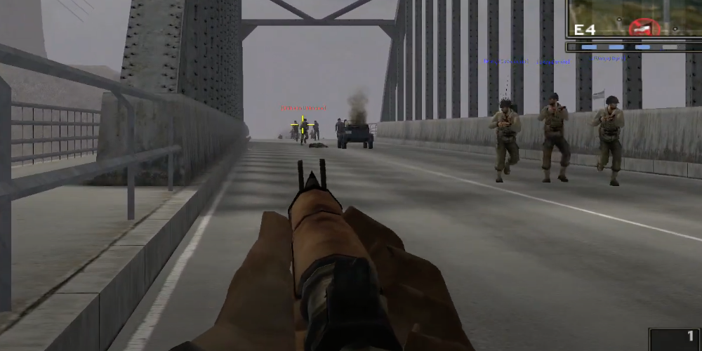 player aiming at enemy soldiers across a bridge 
