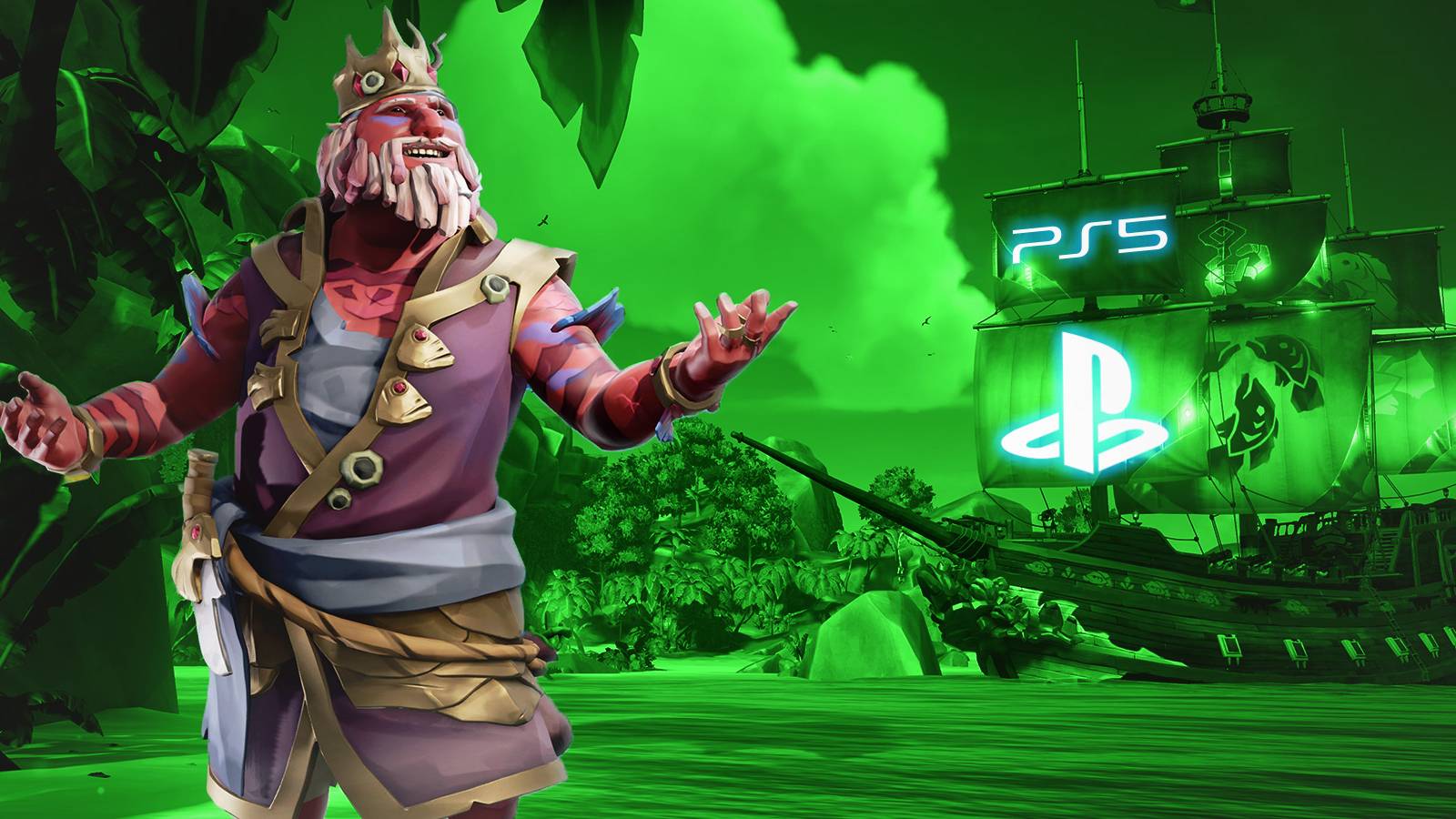 Sea of Thieves character looking happy at boat with PS5 and PlayStation logo emblem flags Xbox green filter background