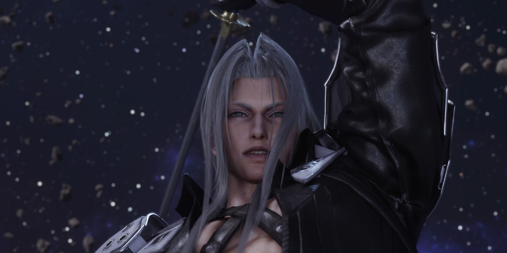 Sephiroth holding the sword behind his back