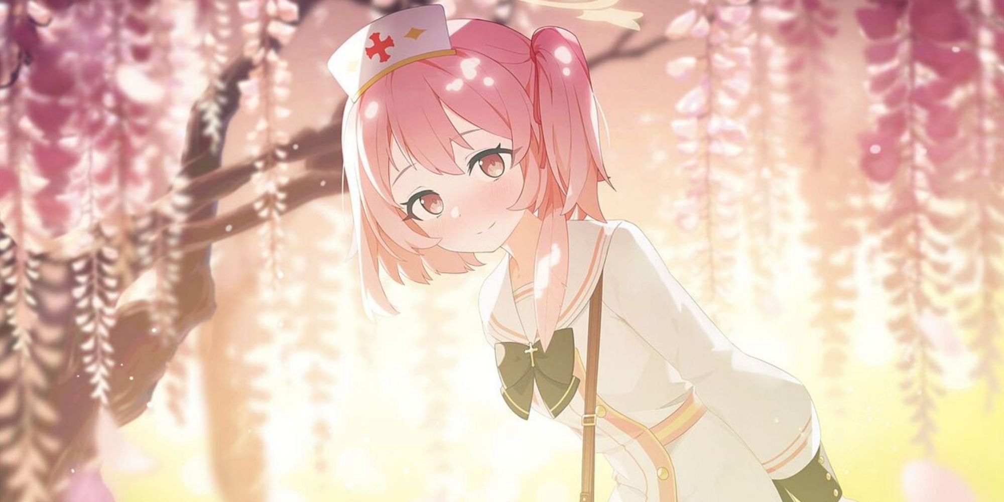 Sumi Serina Blushing in a nurse outfit with sakura tree in background