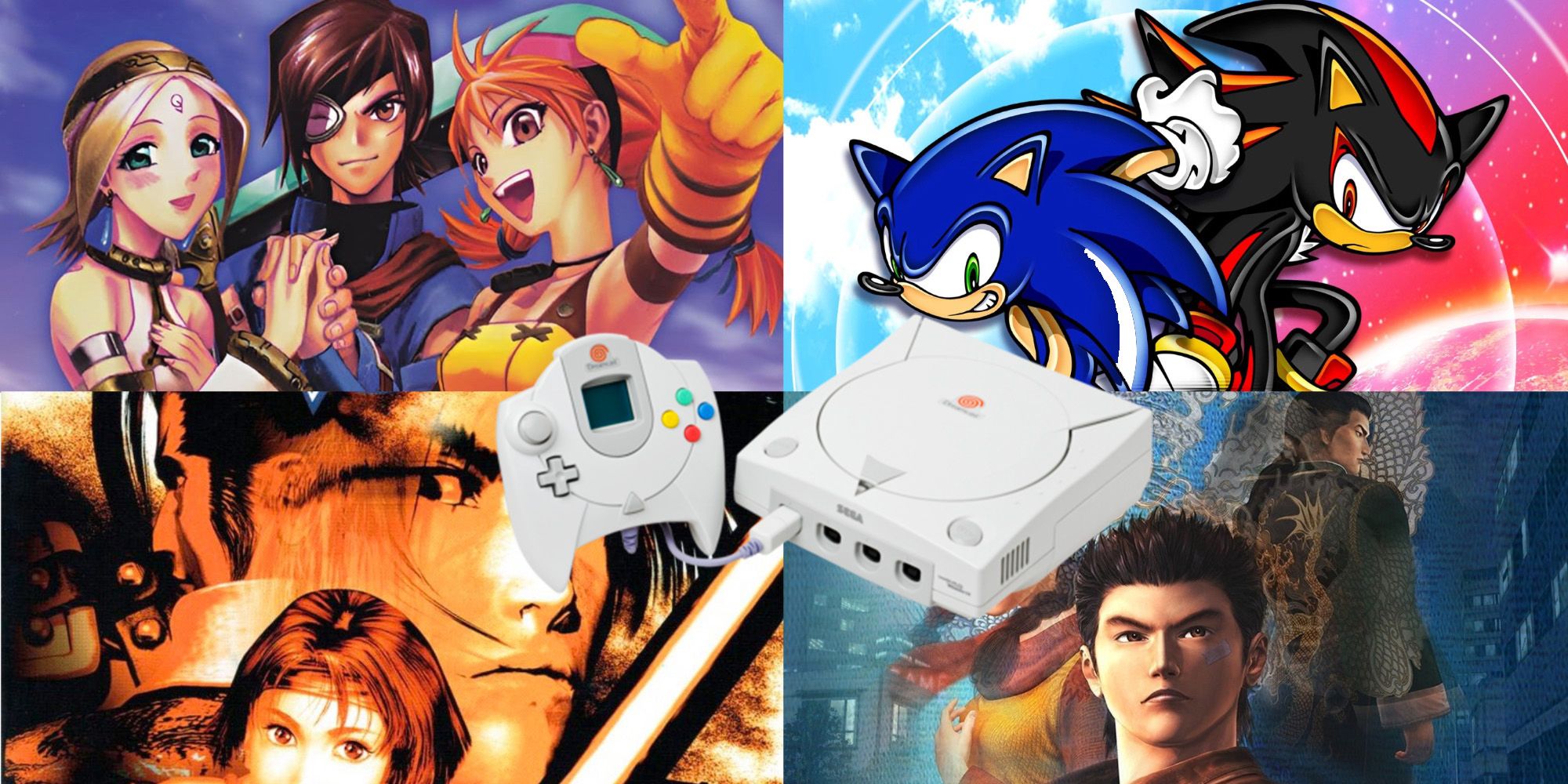 sthe Dreamcast console on backdrop of key cover art for: Skies of Arcadia, soulcalibur, sonic adventure 2 and Shenmue