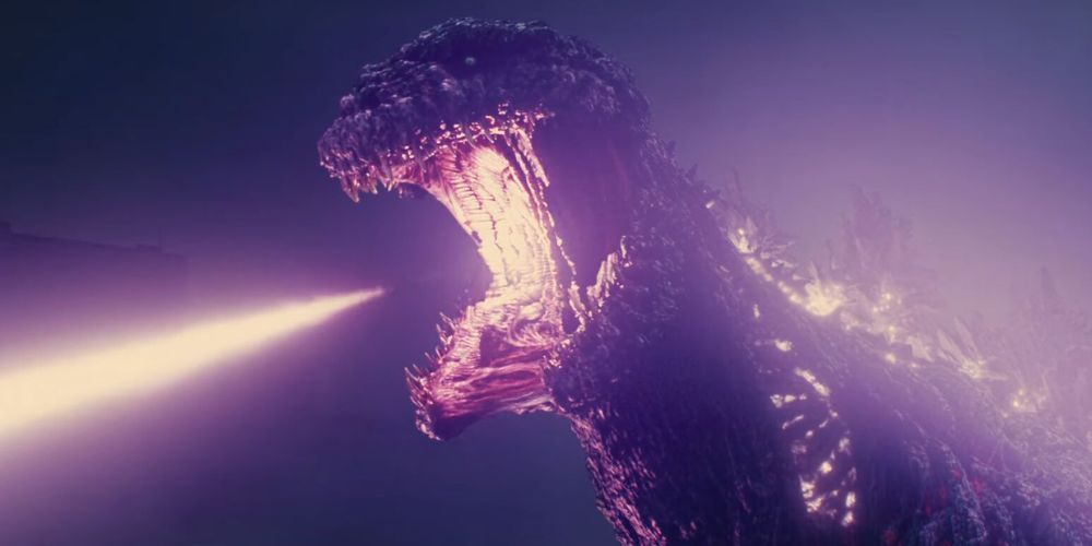 Shin Godzilla firing his purple atomic breath