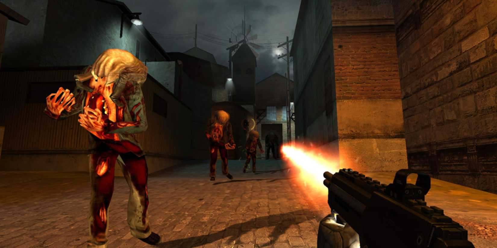 Gordon Freeman fighting Headcrab Zombies in Half-Life 2.