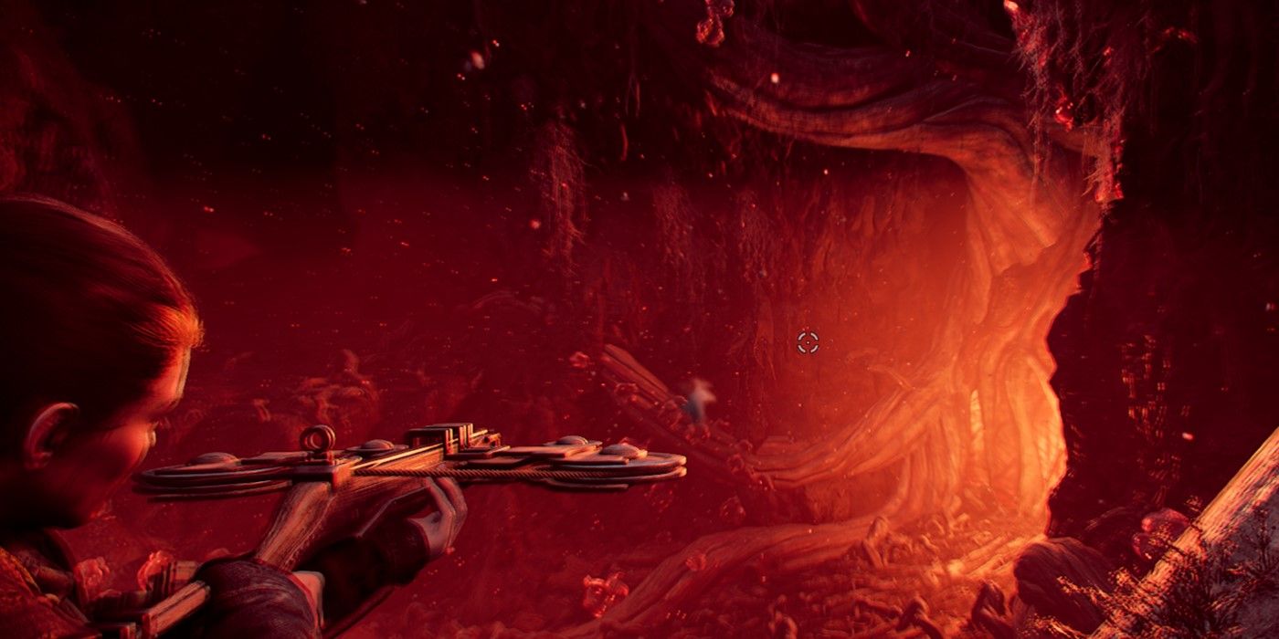 The Remnant 2 character is shooting the Root Nexus from a distance.