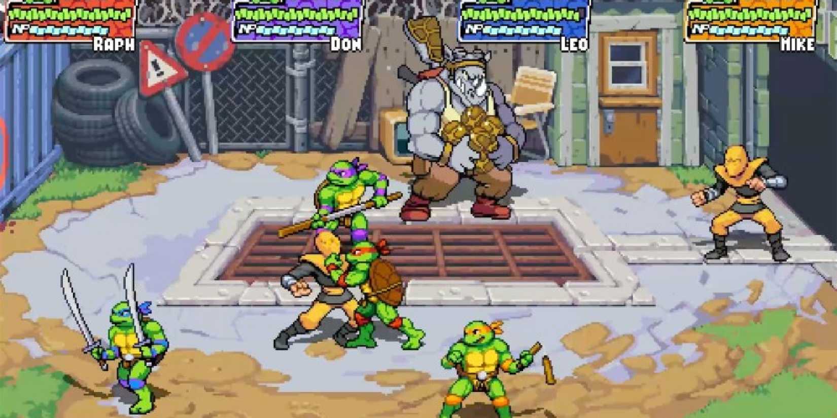The Turtles fighting the Foot soldiers and Rocksteady