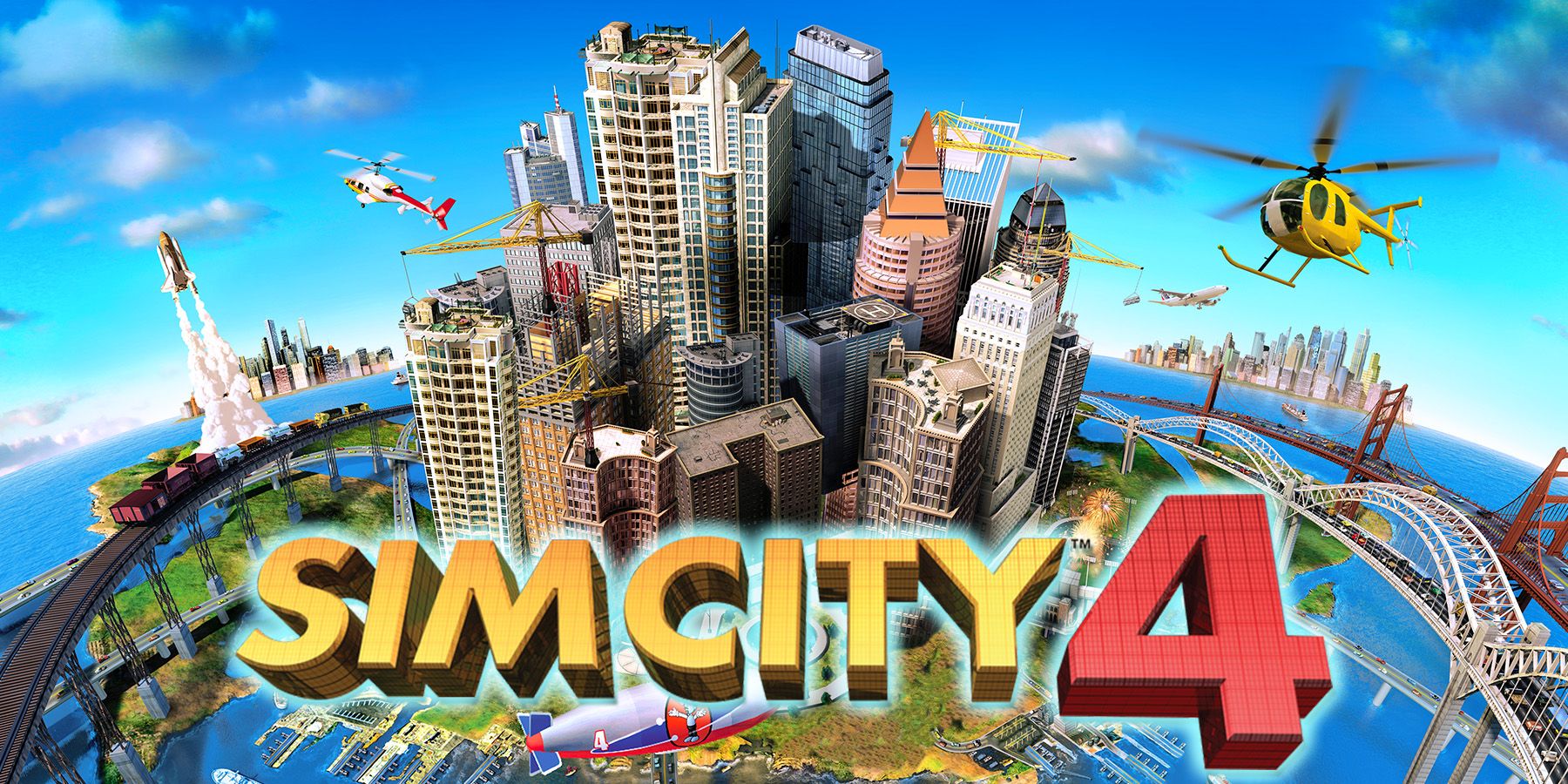 SimCity 4 upscaled Deluxe Edition cover artwork 2x1 crop with glowing game logo