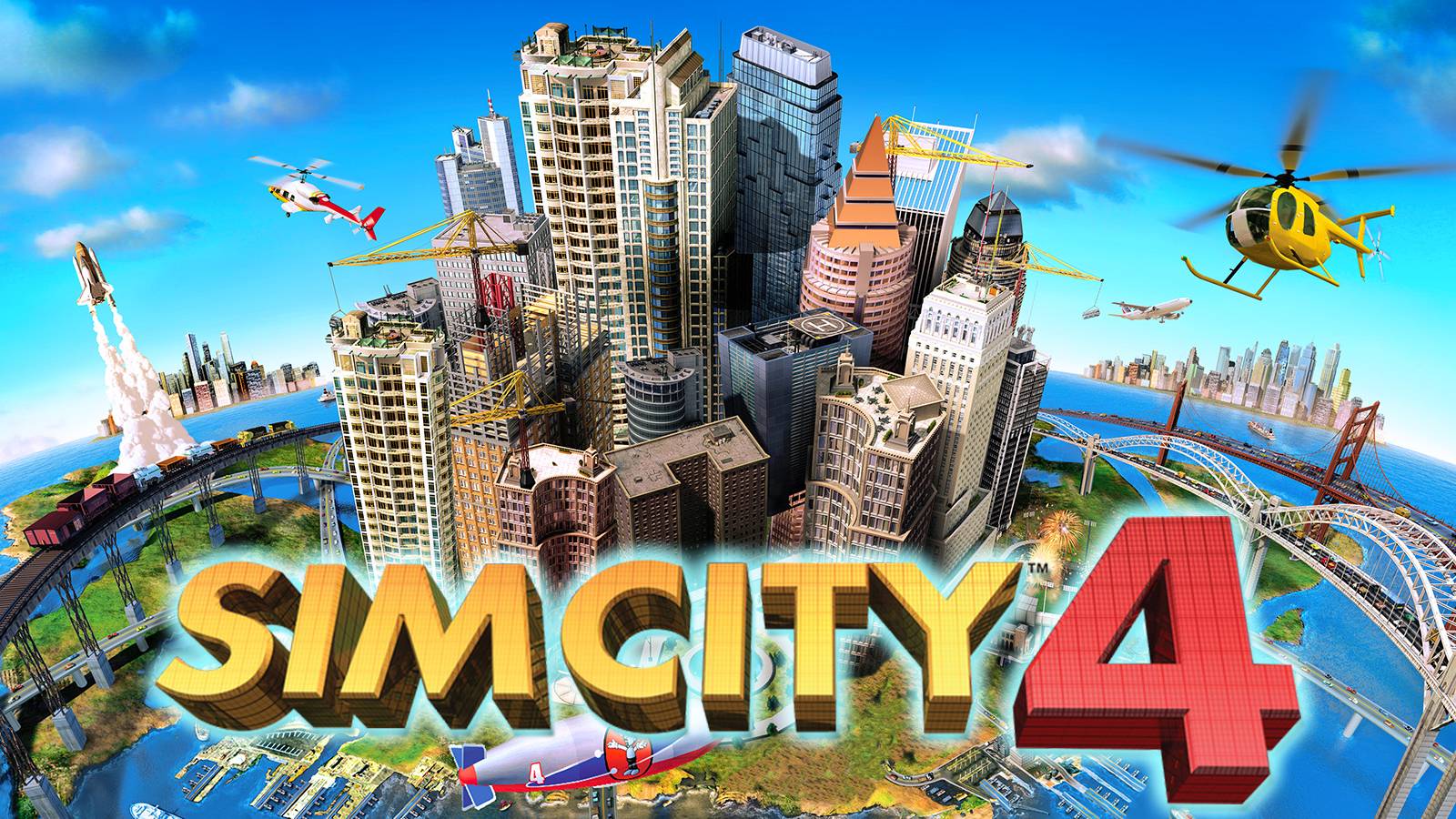 SimCity 4 upscaled Deluxe Edition cover artwork 2x1 crop with glowing game logo