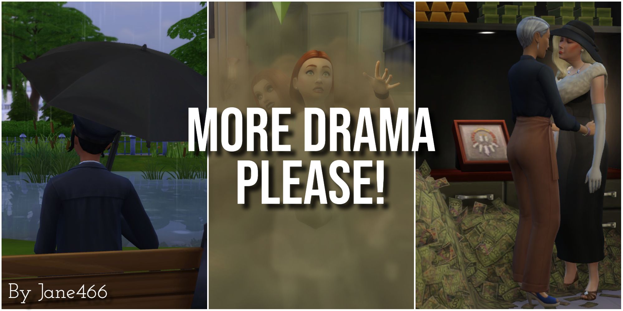 Dramatic screenshots from a save file players can download to spice up their gameplay in The Sims 4