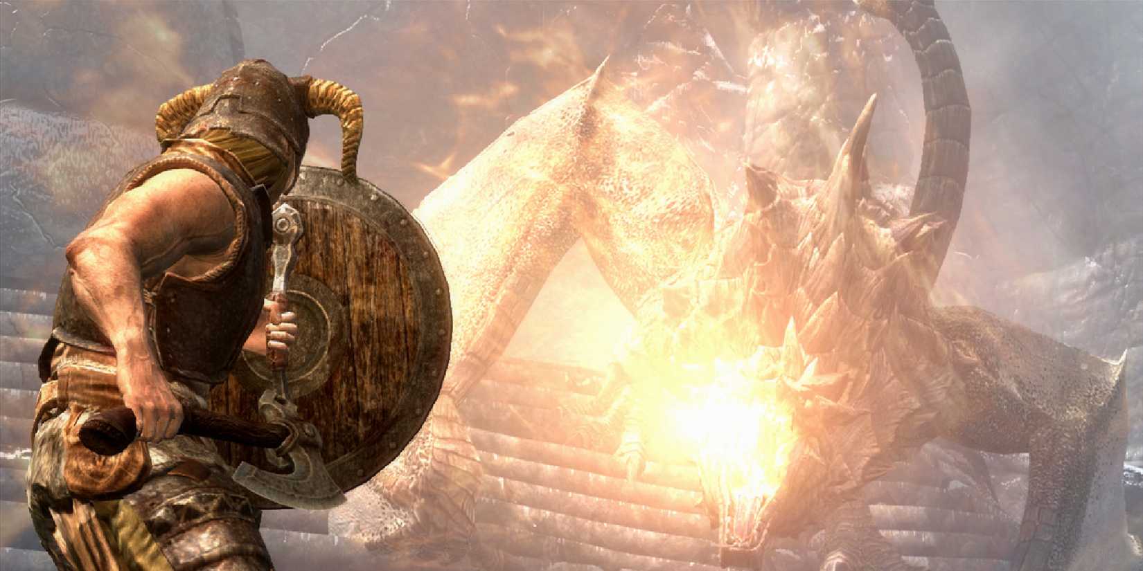 The Dragonborn facing a dragon in Skyrim