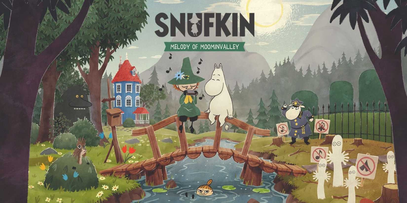 Snufkin and Moomin sitting on a bridge while Snufkin plays music