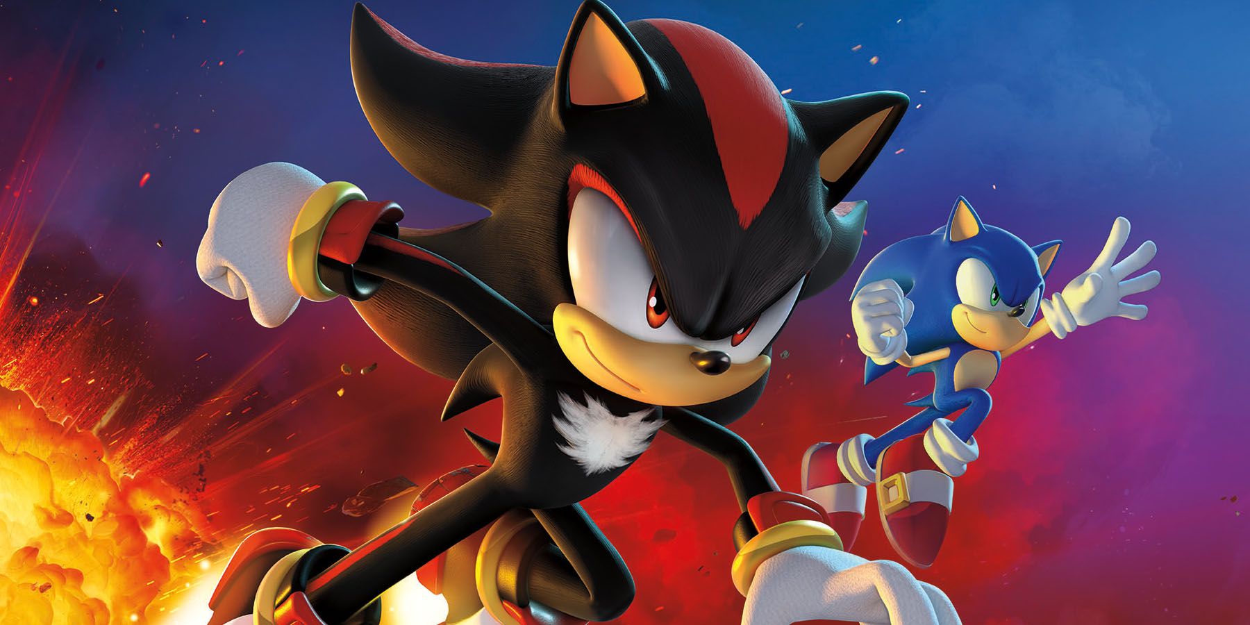 A promotional image of Sonic and Shadow jumping past an explosion against a night sky.