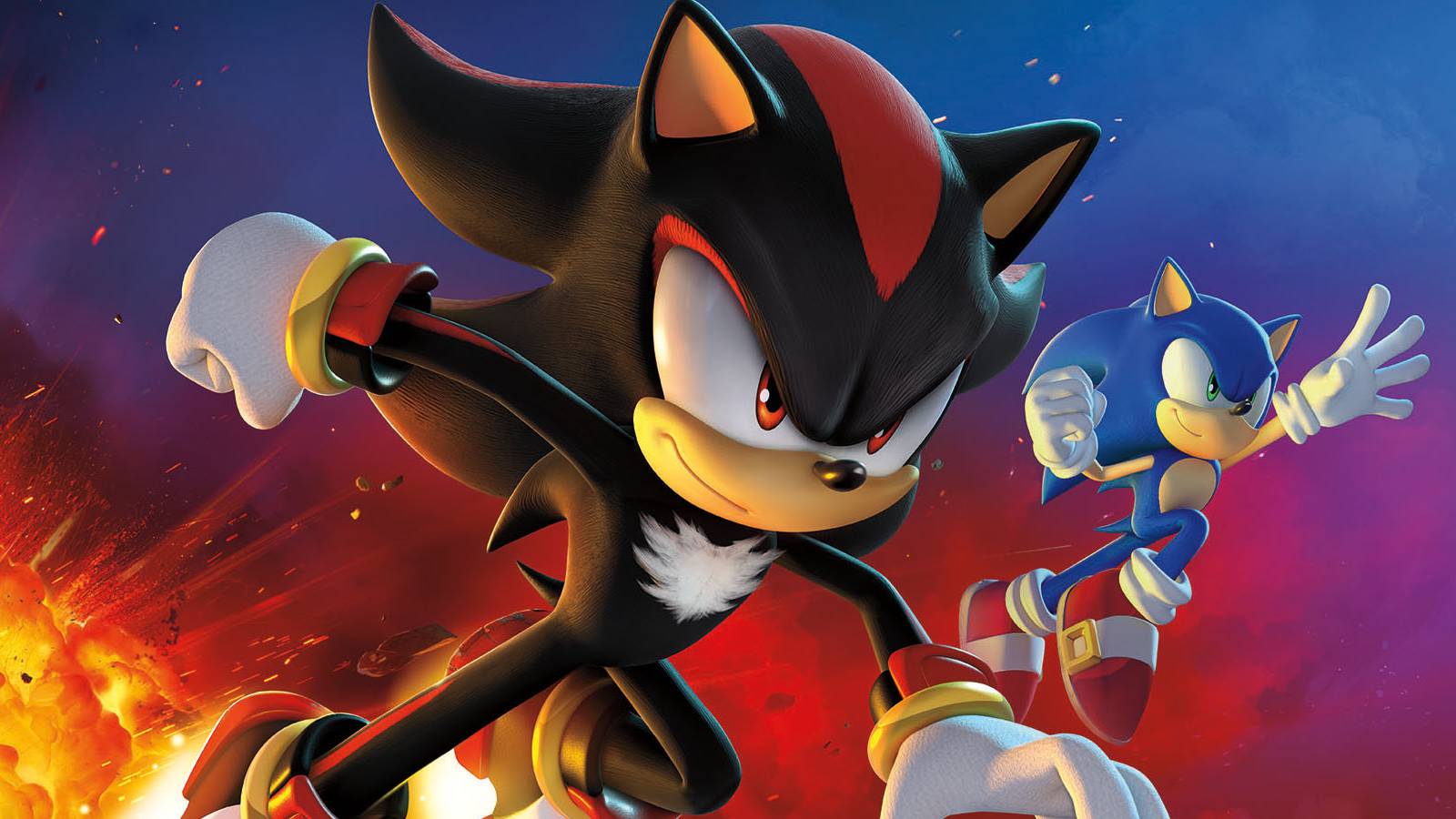 A promotional image of Sonic and Shadow jumping past an explosion against a night sky.
