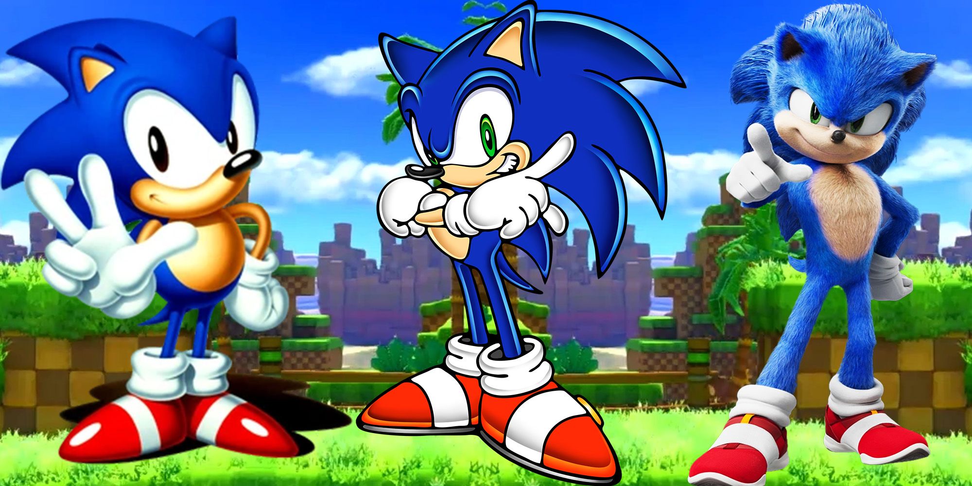3 versions of Sonic the Hedgehog side by side: Classic, Yuji Uekawa's design for Sonic Adventure, and Movie against backdrop of Green Hill Zone
