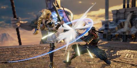 Sophitia and Mitsurugi clashing in SoulCalibur 6.