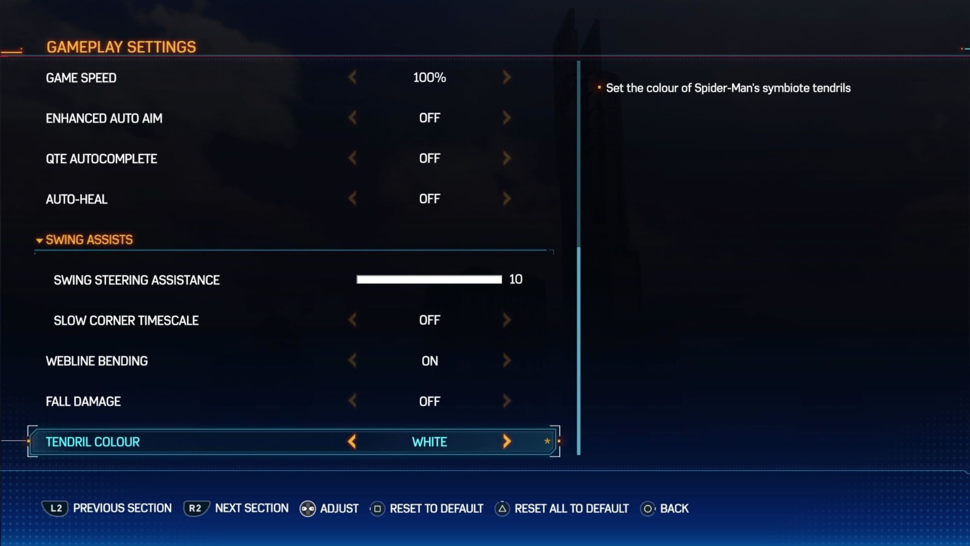 The Gameplay Settings menu from Spider-Man 2, showing the Tendril Colour Option