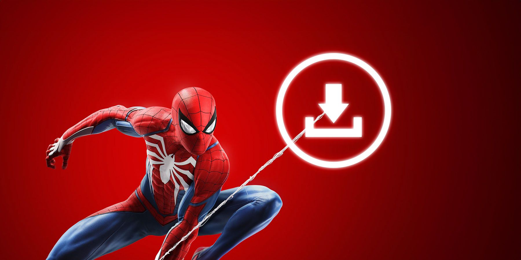 An image of Spider-Man 2's Peter Parker swinging past a download symbol against a red background.