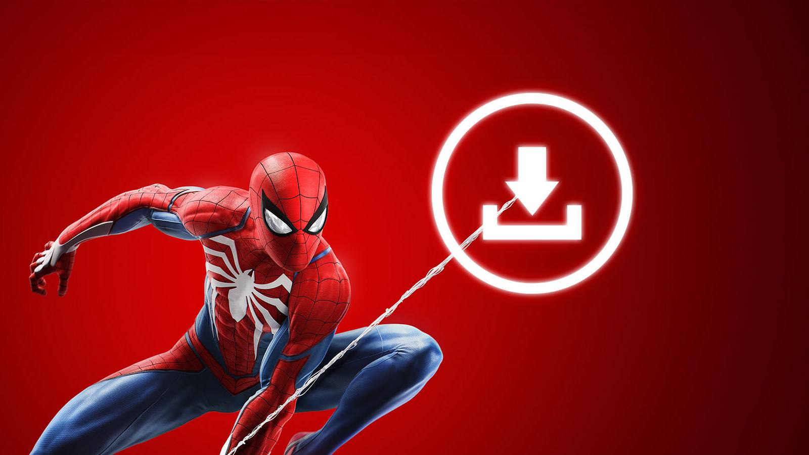 An image of Spider-Man 2's Peter Parker swinging past a download symbol against a red background.