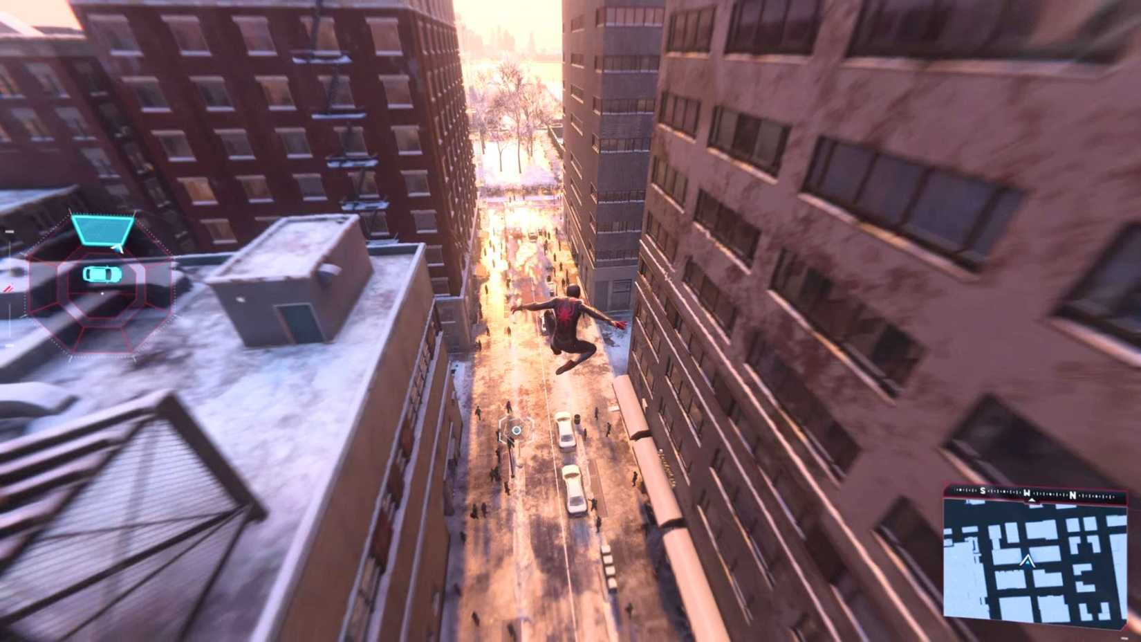 Miles Morales swinging through the city in Spider-Man: Miles Morales