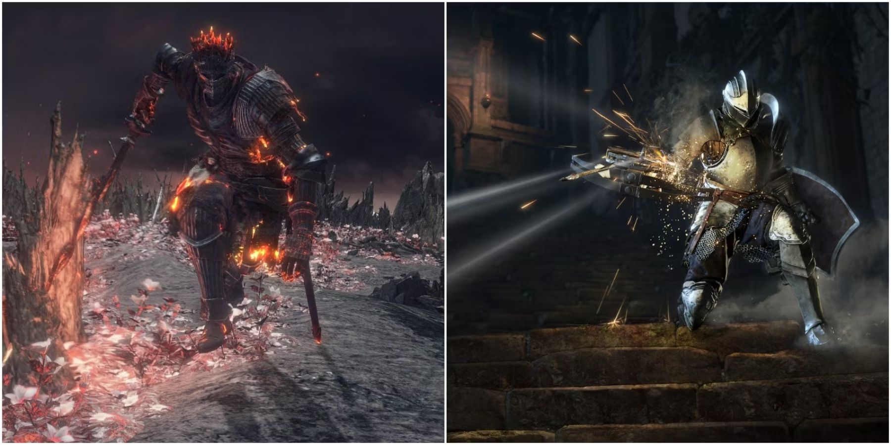 Split image of two Dark Souls 3 characters using the best boss weapons in the game