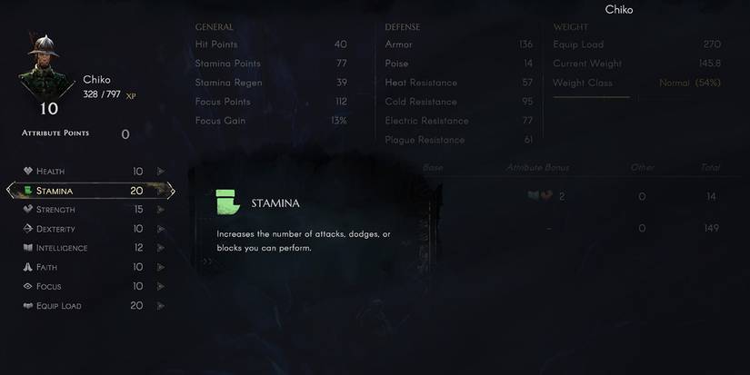 Stats screen in No Rest For The Wicked, Stamina Highlighted