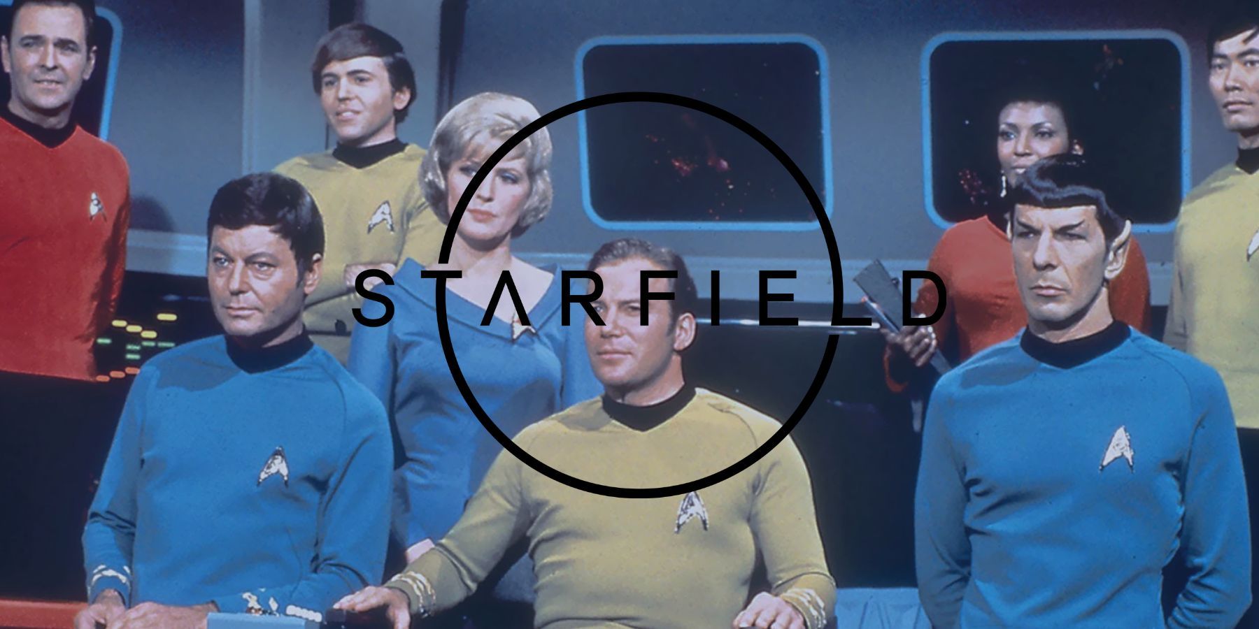 Star Trek Crew with Starfield Logo