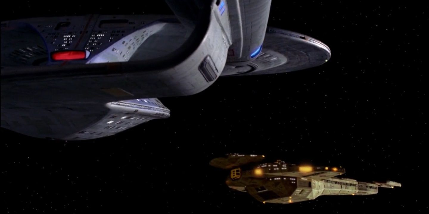 The Enterprise-D near a Galor-class cruiser in Star Trek's "The Wounded".