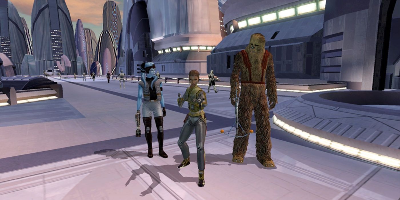 Three characters standing in a group in Star Wars Knights of the Old Republic