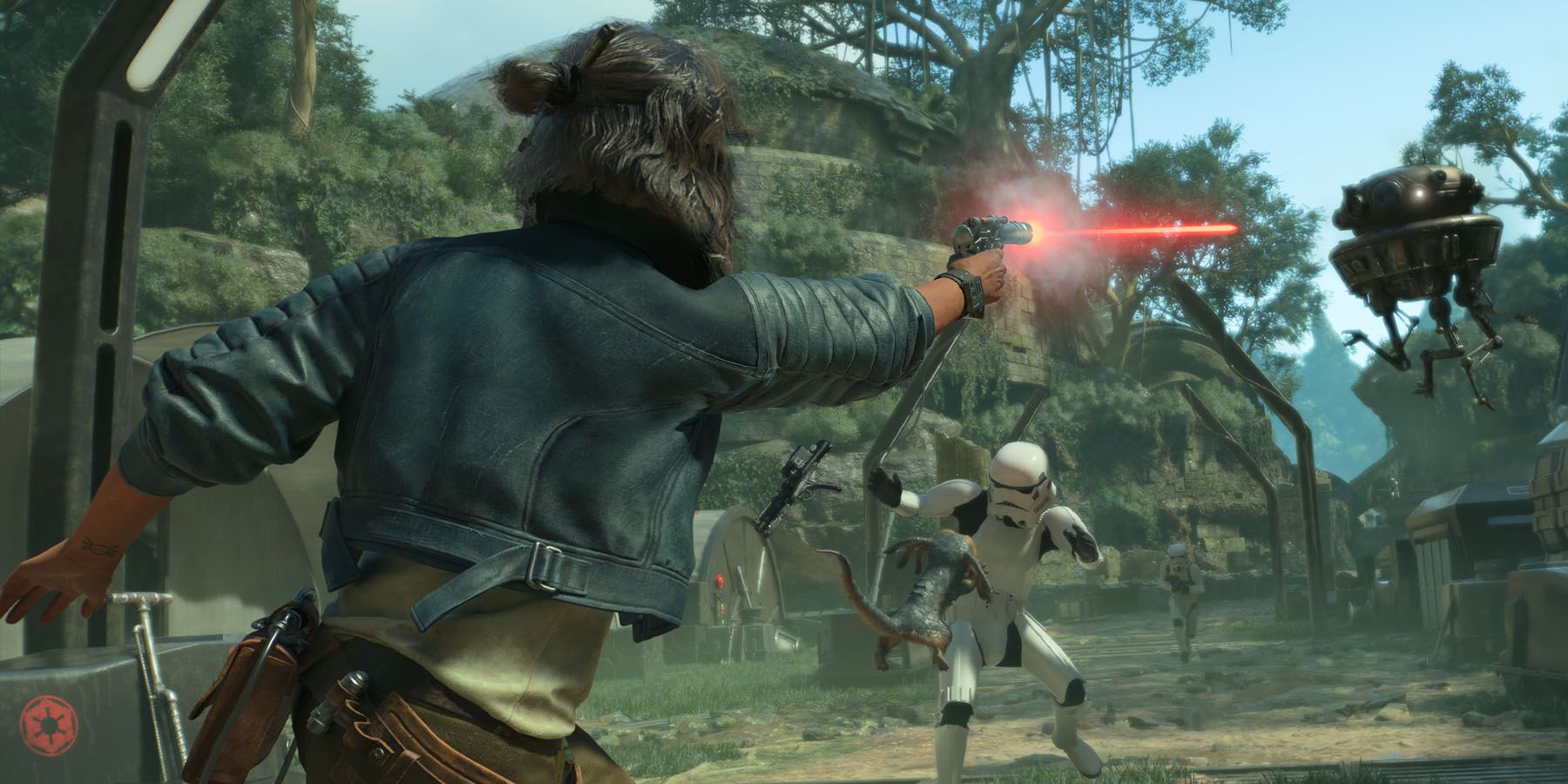 A screenshot of Kay Ves shooting at Imperial Stormtroopers on a jungle planet in Star Wars Outlaws.