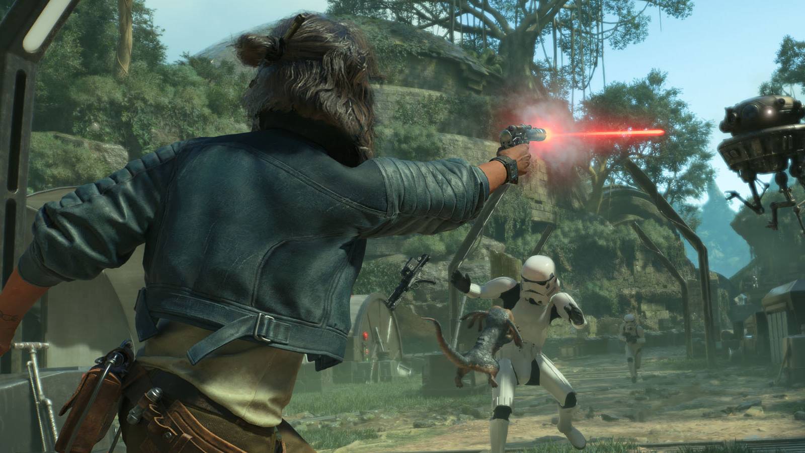 A screenshot of Kay Ves shooting at Imperial Stormtroopers on a jungle planet in Star Wars Outlaws.
