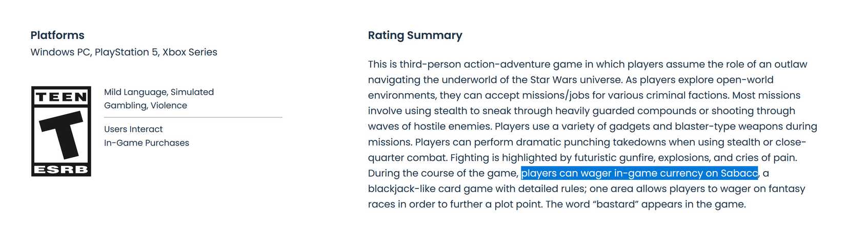 A screenshot of the ESRB's content description for Star Wars Outlaws that mentions the card game Sabacc.