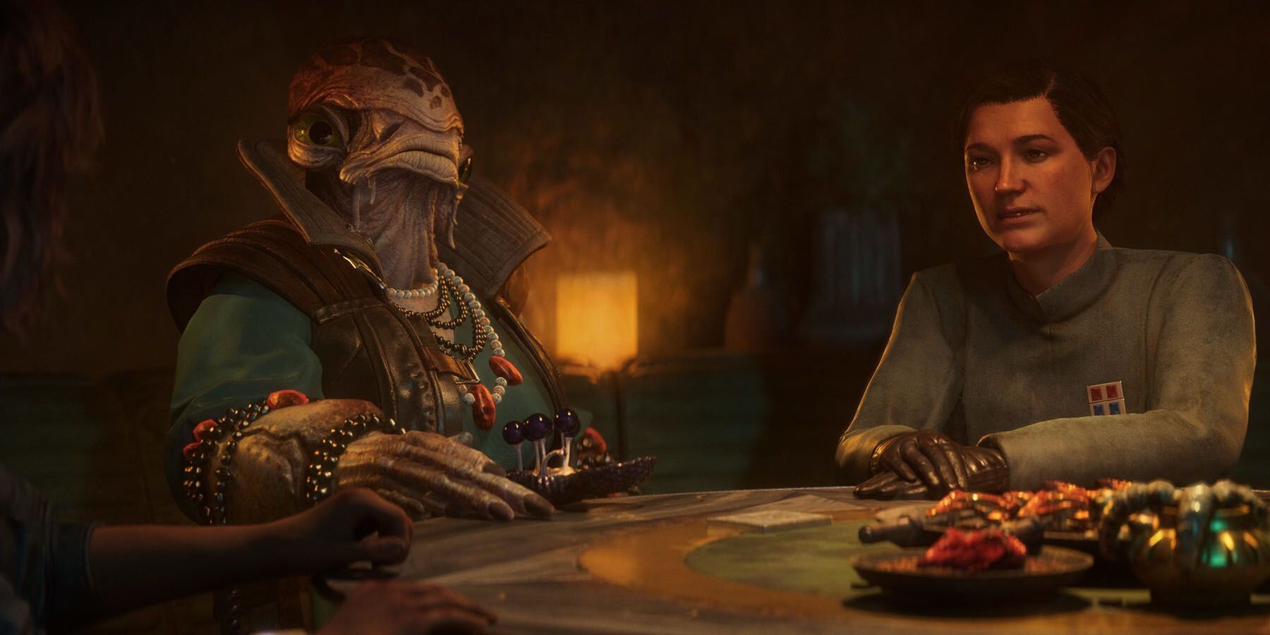 A screenshot of an Imperial officer and a Mon Calamari sitting at a table in Star Wars Outlaws.