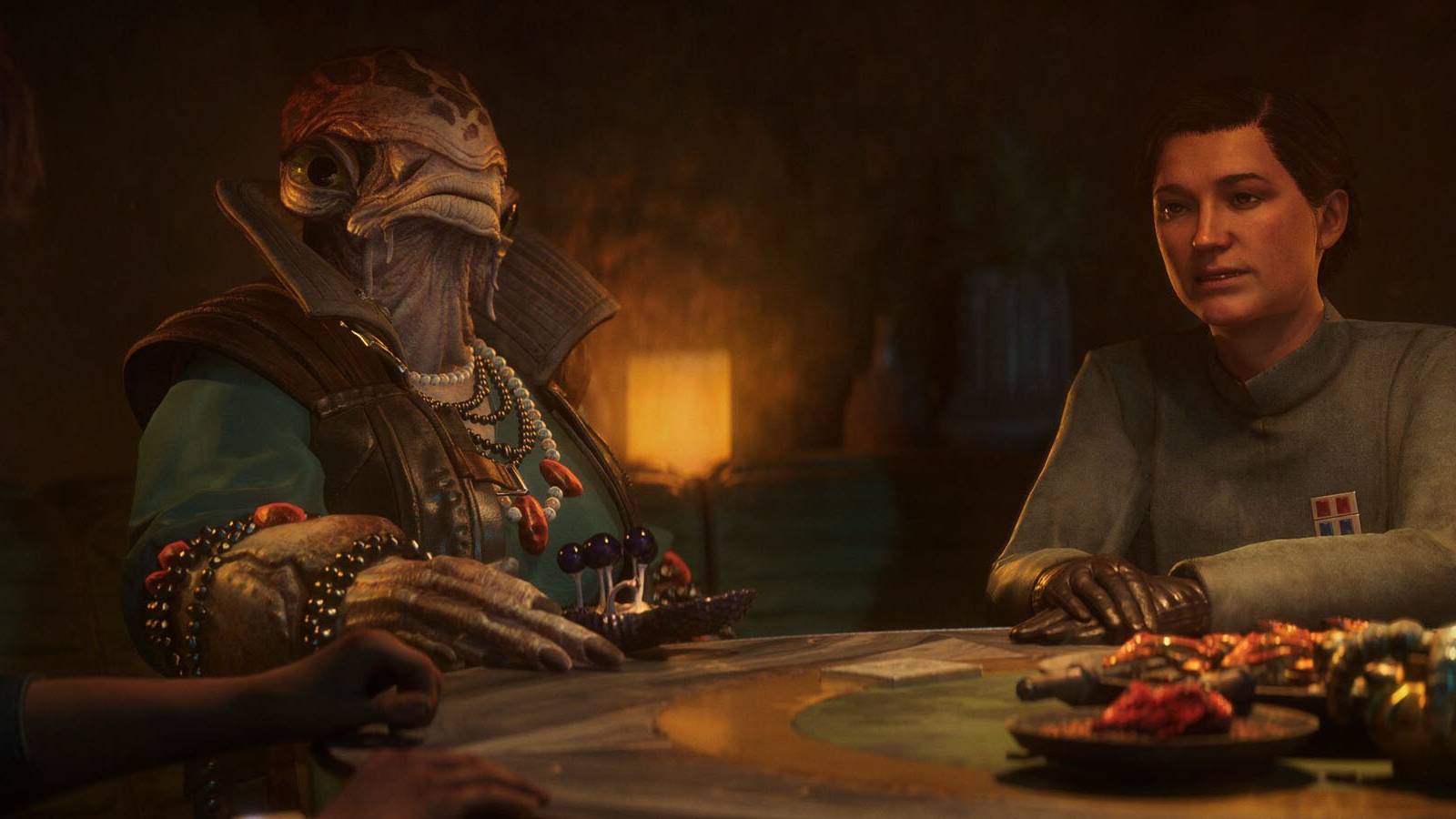 A screenshot of an Imperial officer and a Mon Calamari sitting at a table in Star Wars Outlaws.