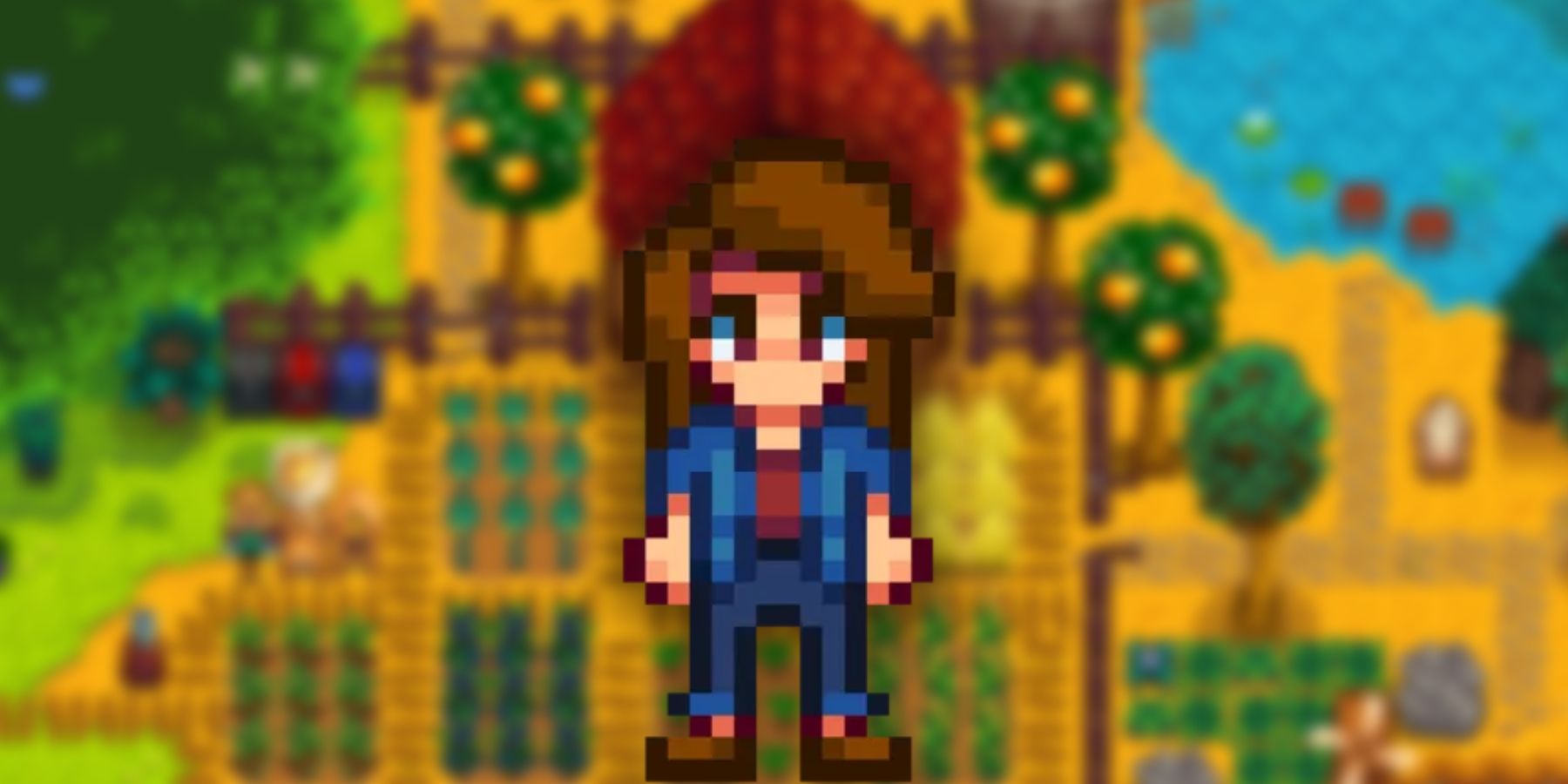 The default fem playable character in stardew valley looms over a blurred out version of a farm
