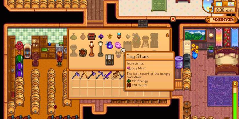 A screenshot of Stardew Valley showing the menu at a crafting bench and highlighting Bug Steak