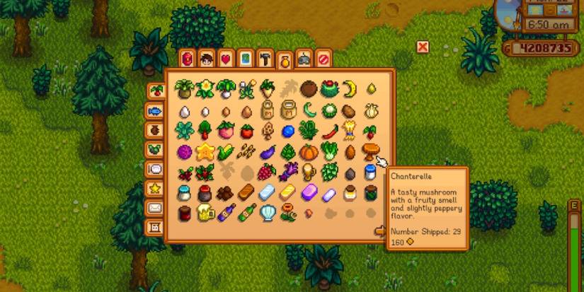 A screenshot of the Stardew Valley items menu with the cursor on Chanterelle