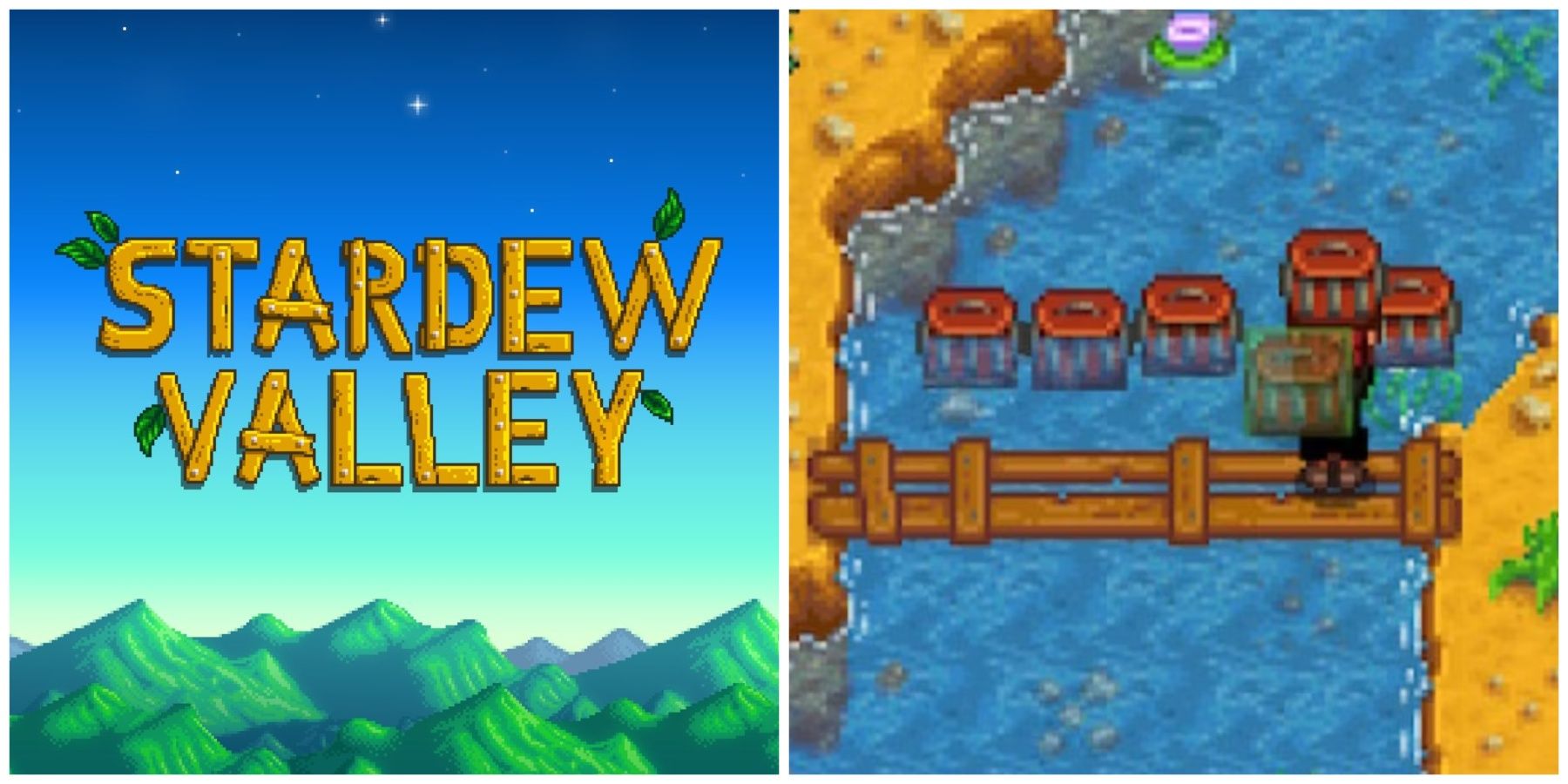 stardew valley promo image and placing crab pot on shore