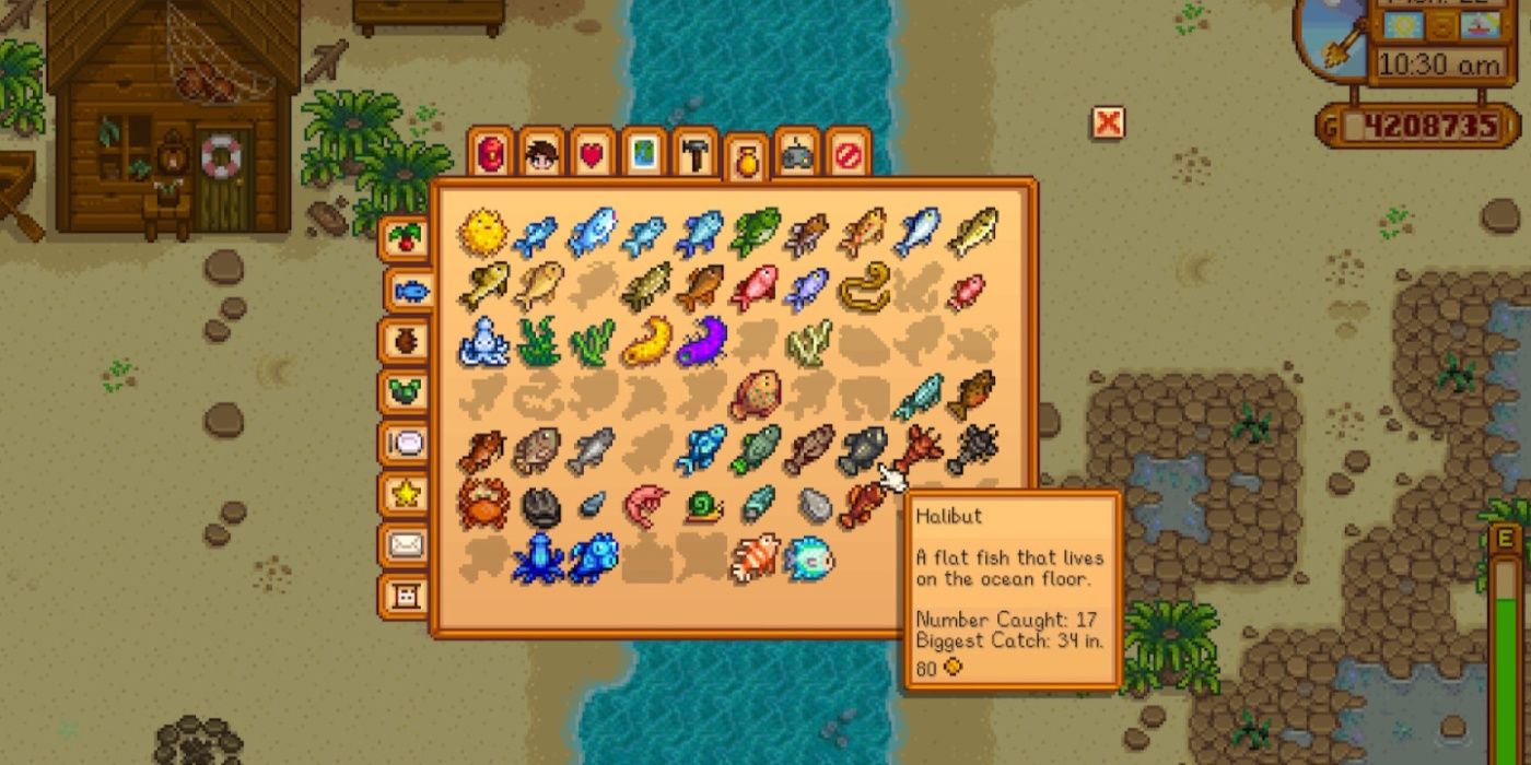 A screenshot of the Stardew Valley fish menu on the beach highlighting Halibut