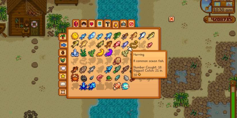 A screenshot of the Stardew Valley fish menu  on the beach highlighting Herring