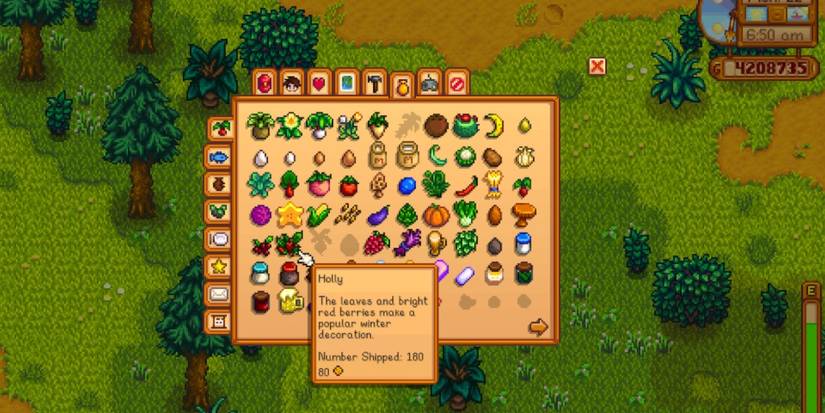 A screenshot of the Stardew Valley items menu with the cursor on Holly