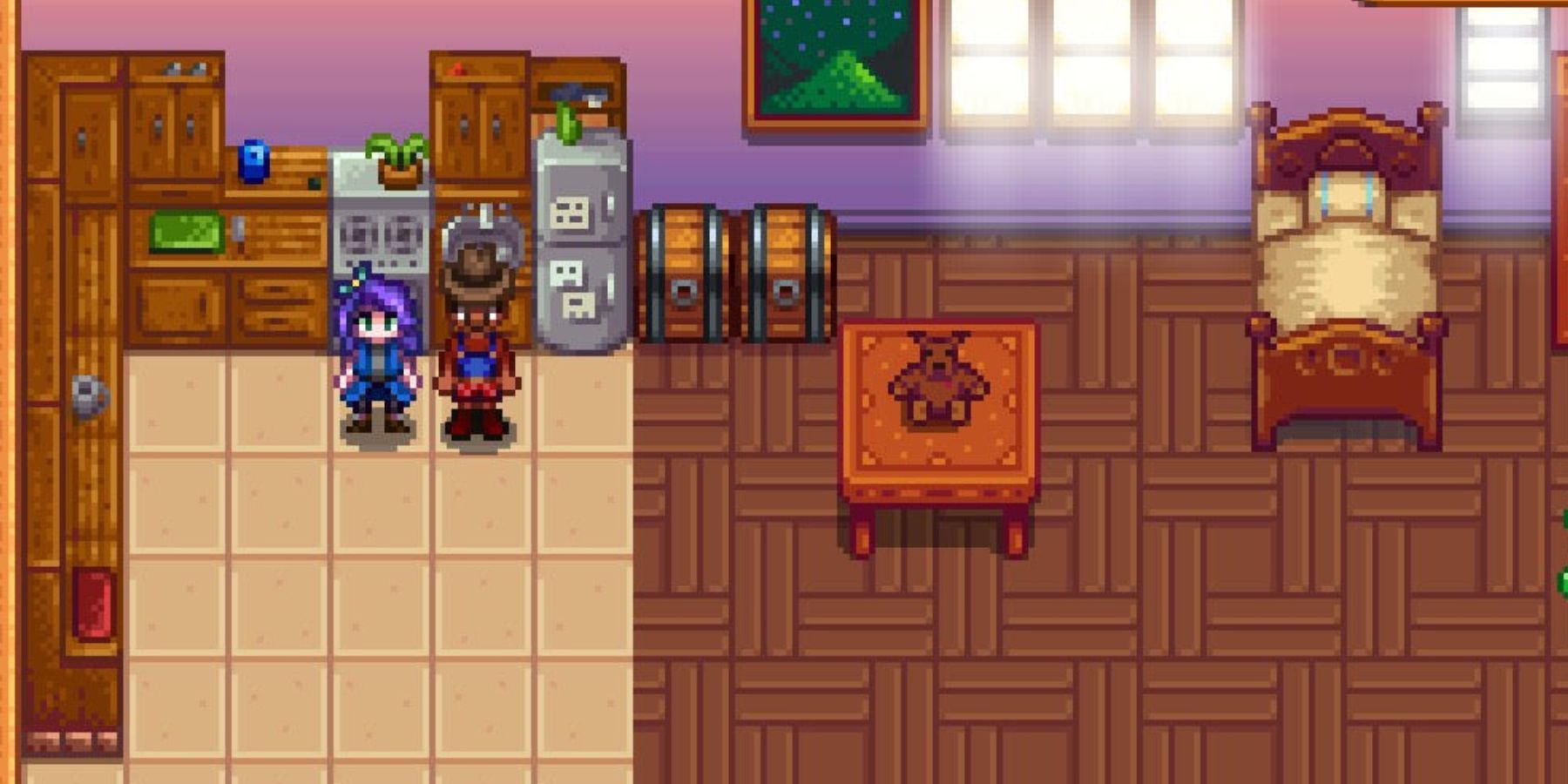  A character standing with their wife, Abigail, in Stardew Valley.