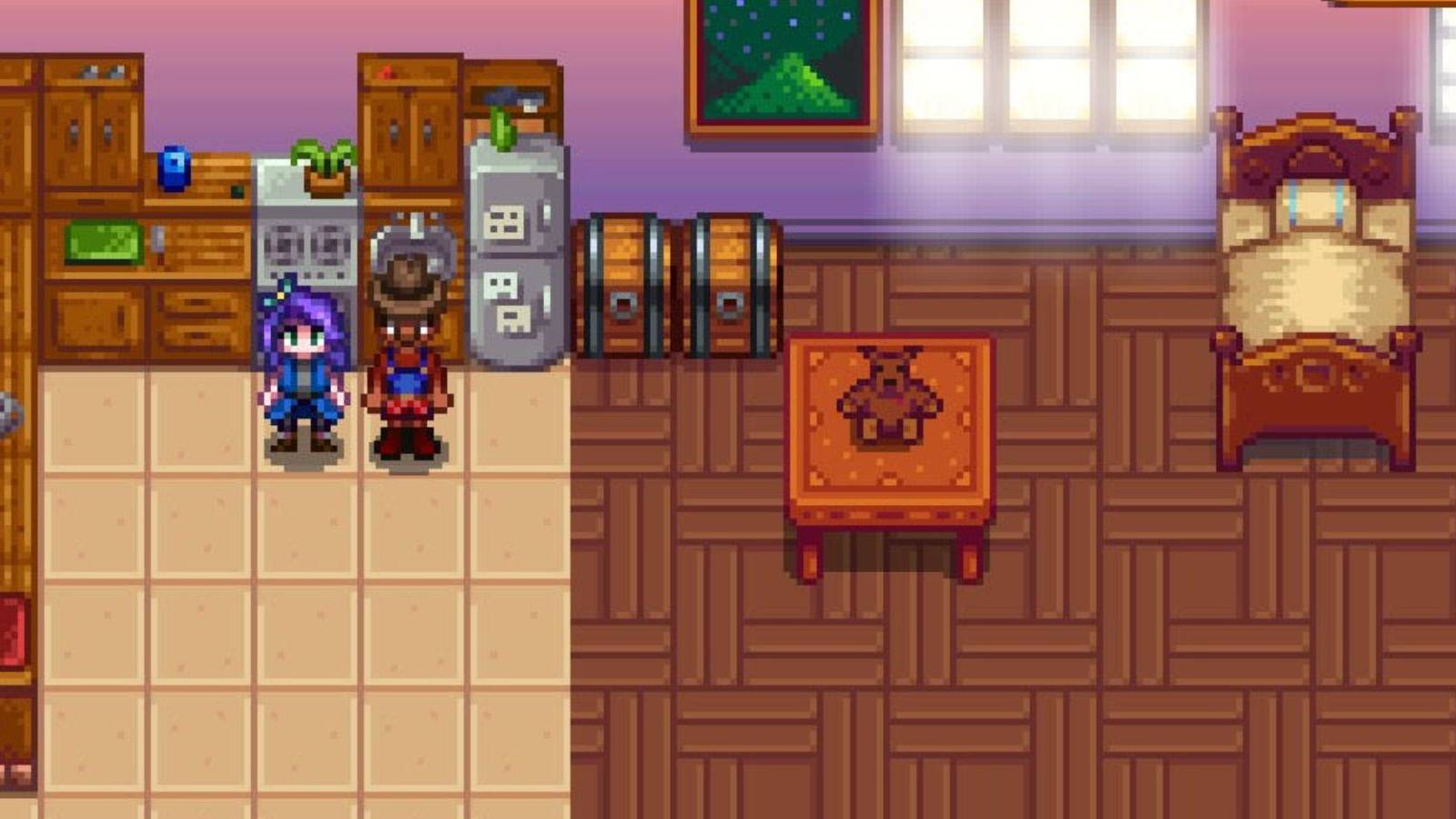  A character standing with their wife, Abigail, in Stardew Valley.