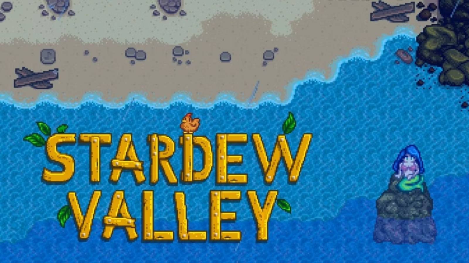 stardew valley logo beside mermaid on rock in pirate cove